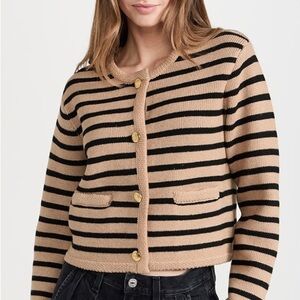 English Factory Tan & Black Striped Knit Cardigan | Gold Buttons - XS